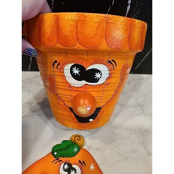 Hand Painted Wood Folk Art Ghost Pumpkin Candy Corn 3D Planter Décor Halloween - Picture 11 of 11